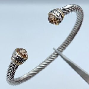 Cable Cuff Bracelet Silver-Tone w/ Champagne Crystal Ends Two-Tone Open Cuff